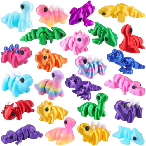 XIMISHOP 24Pcs 3D Printed Animals Flexible Dinosaur Fidget (Dinosaur Theme) | Cute Mini 3D Printed Movable Joint Dinosaur Statues Figurines for Office Home Desk Decoration Party Favors Stuffers