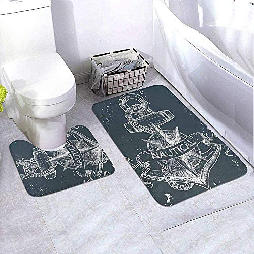 Hotyle Badezimmer Teppich Set 2 Stück Marine Nautical Knot Kompass Anker rutschfeste Badematten Fußmatte 60 x 90 cm und U-förmige Toilettenmatte