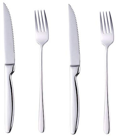 BISDARUN biffbestick set – silver tandade biffknivar X2 och gafflar X2, serverar 2 – rostfritt stål, diskmaskinssäker