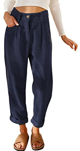 Onsoyours Femmes Élastique Taille Velours Côtelé Pantalons Casual Taille Haute avec Poches Marine M