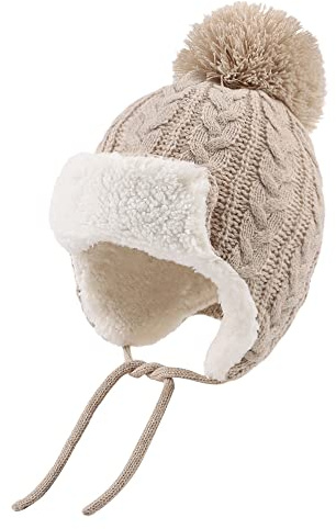 Winter Kids Beanie Hat Baby Knitted Hats Fleece Earflap Beanie Windproof Warm Toddler Beanies Boys Girls 0-5 Years (Beige, 6-24 Months)