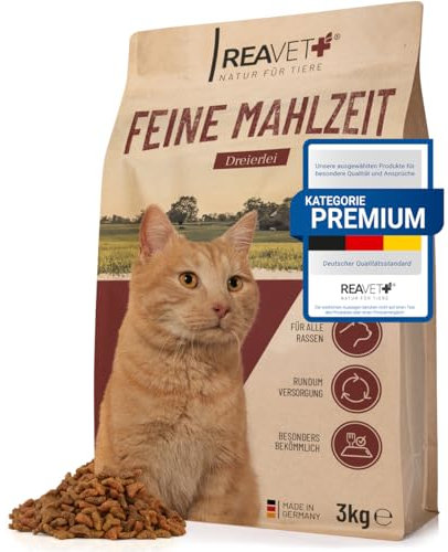 ReaVET Trockenfutter Katze - Feine Mahlzeit 3kg Geflügel, Rind & Lachsöl I Glutenfrei Katzentrockenfutter für Erwachsene Katzen Aller Rassen, Hoher Fleischanteil, Komplett Katzenfutter Trocken