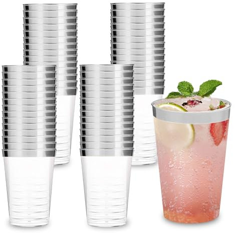 Keaistar 360ml Partybecher Plastikbecher mit Silberrand, 60 Stück Plastik Becher Wiederverwendbare Trinkbecher für Party Hochzeit Picknick Geburtstag Strand Camping