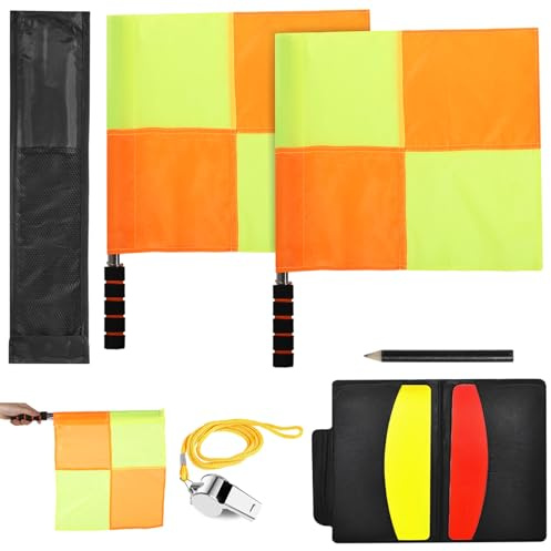 8 PCS Soccer Referee Flag Set, Yellow Orange Checker Style Referee Flag, Football Match Linesman Flags with Pouch, Red Yellow Cards, Referee Notebook with Pencil, Coach Whistle with Lanyard for Sports