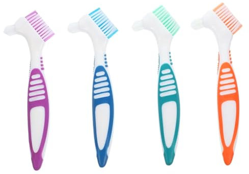 WeddHuis 4 PCS Double-Sided Denture Cleaning Brushes - Ergonomic Denture Brush with Multi-Layered Bristles - Portable and Modern Brush for False Teeth (4 Colors)