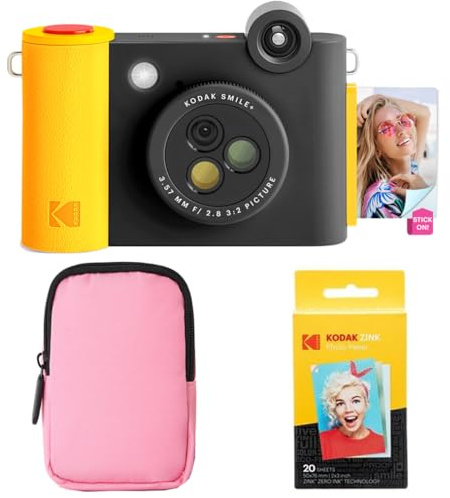 KODAK Smile+ 2-i-1 Direktutskriftskamera & Trådlös Foto Skrivare Startpaket + Mjukväska + Zink 20pk Foto Papper - 10MP, Rotationslins - Svart