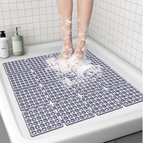 BWBIKE Tappetino da Doccia Quadrato Tappetino da Doccia Antiscivolo con Ventose e Fori di Scarico Tappetini da Bagno per Interni ed Esterni Tappetino per Box Doccia da Bagno,60x60 cm,Grigio Profondo
