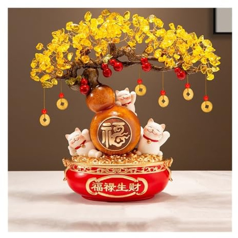 Feng Shui inomhus träddekor, Crystal Money Tree Feng Shui dekoration Lucky Cat kalebass Bonsai for rikedom och välstånd Kristallträd, för hem, kontor(Orange)