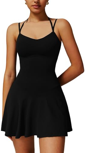 OMEWEE Women's Tennis Dress with Shorts and Built in Bra Sweetheart Neck Sleeveless Golf Dress Activewear Exercise Sports Dresses with Pockets Black M