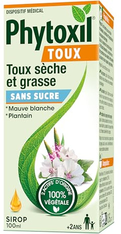 PHYTOXIL TOUX SANS SUCRE - Sirop 100ml - Dispositif médical - Soulage la toux sèche et toux grasse - Extrait de plantain* et de mauve blanche* (*2 actifs d'origine 100% végétale) - A partir de 2 ans​