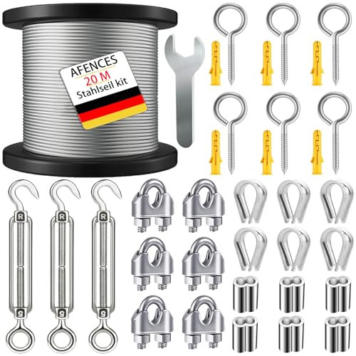 AFences 3MM Heavy Duty Garden Wire Rope (20M) - 304 Stainless Steel for Plant Support, Trellis & Fencing - Includes M5 Turnbuckle Tensioners - Weatherproof