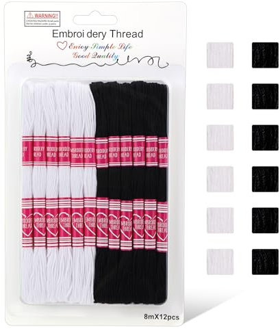 Tundi Stickgarn, 12 Stränge schwarz-weißes Stickgarn Set, Kreuzstichgarn für die Armbandherstellung und Stickarbeiten