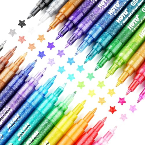 HOTU 24 Glitzer Filzstifte Zeichenset, Glitzer Glitzerstifte 0.7mm - Pinces acryliques à base d'eau pour filles Basteln von Steinen, céramique, verre, bois, tissu, bricolage Projekte Ect