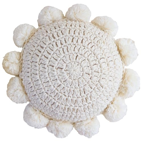 kitletsuit Cuscino rotondo Boho con graziosi pompon fatti a mano, 35 cm, cuscino decorativo circolare all'uncinetto per divano, sedia, letto, beige