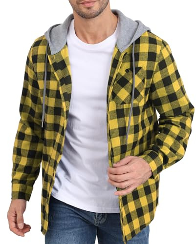 Felpa con cappuccio da uomo a maniche lunghe con bottoni, in cotone, a quadri, con coulisse, leggera, con cappuccio