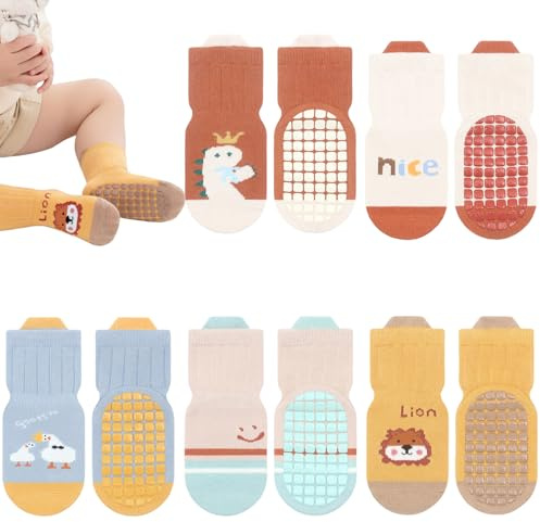 ZYUPHY Calcetines Antideslizantes Bebe 5 Pares Algodón Calcetines Bebe Calcetines Antideslizantes con Suela de Silicona Patucos Bebe Recien Nacido para Primavera Otoño Invierno Adecuado Para 0-5 Años