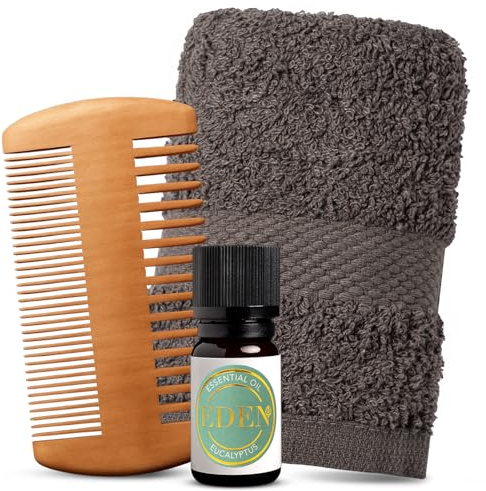 SND5 ORIGEN - Kit Ritual de Cuidado Masculino con Toalla Negra Premium, Aceite Esencial de Eucalipto y Peine de Madera | Cuidado Facial y de Barba | Ritual Sensorial de Bienestar y Estilo