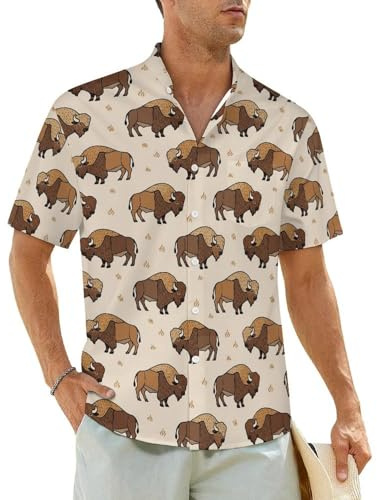 JOJOART Men's Shirt Bison Cow Cute Stand Up Collar Shirts Wrinkle Free Casual Short Sleeve Button Down Shirts Pocket XL