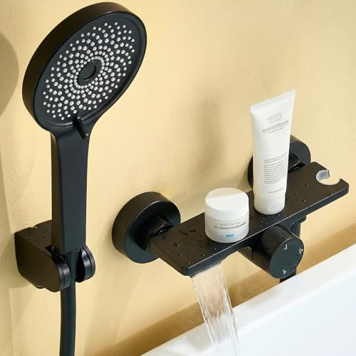 Auralum Rubinetto Vasca da Bagno con Doccetta 5 Geti, Miscelatore Vasca da Bagno a Cascata, Miscelatore Doccia Nero con Tubo Doccia PVC 1,5 m, Rubinetto Doccia con Supporto Soffione Doccia Regolabile