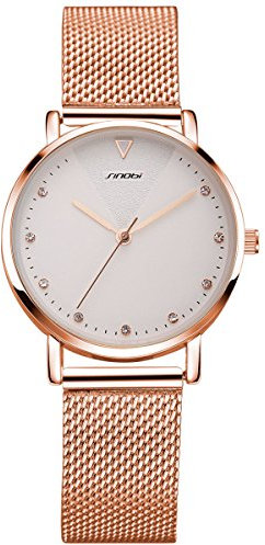 Alienwork Armbanduhr Damen Roségold Metall Mesh Armband Edelstahl Weiss Strass-Steinen Glitzer Elegant