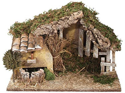 Ferrari & Arrighetti Cabane pour Crèche avec Clôtures et Fontaine, 220V, pour Figurines jusqu'à 12 cm Non Incluses, Bois