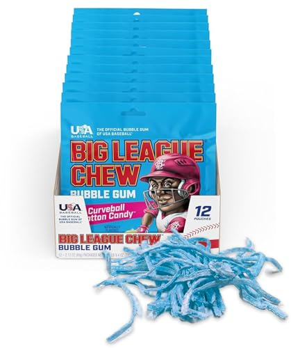 Big League Chew Curveball Cotton Candy Bubble Gum - Tasty Cotton Candy Delight | Ideal for Baseball Games, Teams, Concessions, Parties, and More | Pack of 12 Bags (2.12oz Each)