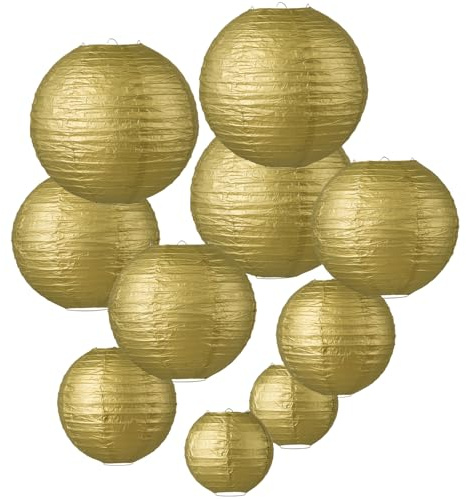 LIHAO 10PCS Mixed Size Gold Paper Lanterns for Weddings, Birthdays, Parties and Events (6/ 8/ 10 /12)