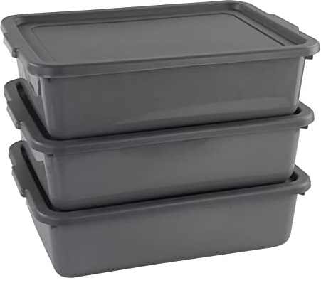 Nicesh 3-Pack 13 L Plastic Commercial Bus Tub, Gray Bus Box with Lid