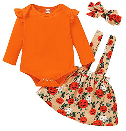 Gajaous Newborn Baby Halloween Outfits Set Infant Toddler Girls My 1st Halloween Pumpkin Bodysuit Pants Set Skirt Set Pumpkin Dress Baby Halloween Clothes