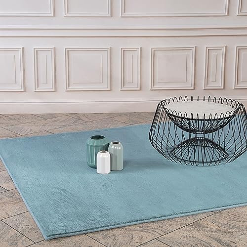 Hochflor Teppich Wohnzimmer - Einfarbig Blau - 80x150 cm - Super Soft Polyester, Samtig-Flauschiger Flor - Fell-Teppiche für Schlafzimmer, Esszimmer, Arbeitszimmer