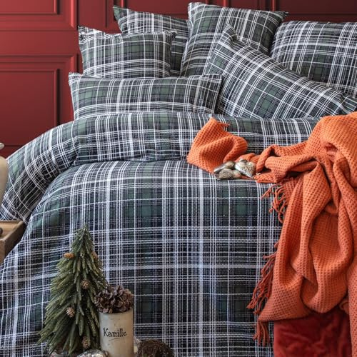 LERUUM Biancheria da letto matrimoniale in flanella di cotone spazzolato scozzese bianco e nero (Double, Green White Check)