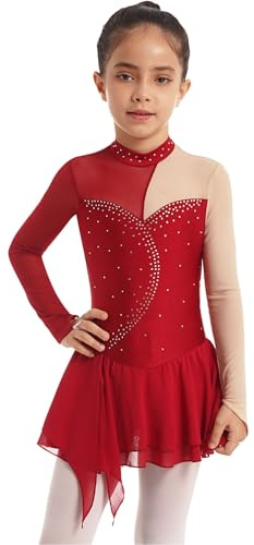 Freebily Vestido Patinaje Artístico para Niñas Maillot De Ballet Brillante De Manga Larga Leotardo De Gimnasia Ropa De Fiesta Competición B Rojo 7-8 años