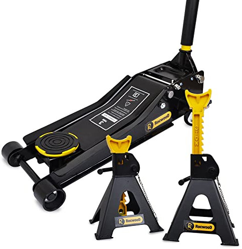 RocwooD Trolley Jack 3 Ton Tonne Low Profile Hydraulic & Axle Stand Set 3 Ton Floor Lifting Lift Car Van Garage Repair Tool Portable Workshop Equipment