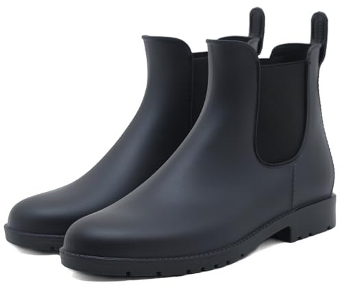 Uniuni Gummistiefel Herren Halbhoch Regenstiefel Damen Kurz Gummi Stiefeletten Wasserdicht Chelsea Boots Rutschfest Regen Schuhe Ankle Garten Stiefel mit Blockabsatz Schwarz 43