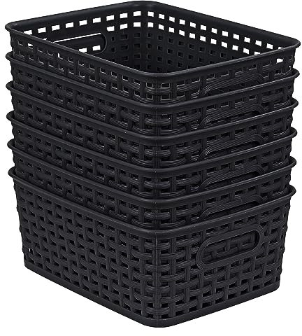 Taylor & Brown 6 Pack Plastic Black Storage Baskets - Small Pantry Organization and Storage Bins - Household Organisers for Laundry Room, Bathroom, Bedroom, Kitchen, Cabinets, Countertops, Under Sink