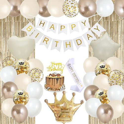 White and Gold Birthday Decorations, Beige Neutral Champagne Cream Nude Foil Balloon Happy Birthday Banner Fringe Curtain Sash Cake Topper for Women Girl Boho Birthday Party Supplies