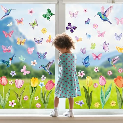 BBLIKE Fensterbilder Frühling 8 Blätter Fenstersticker Frühling Ostern Selbstklebend Schmetterling Kolibri Tulpe Pilz Fensteraufkleber Wiederverwendbare für Fensterdeko Kinderzimmer Party Zubehör