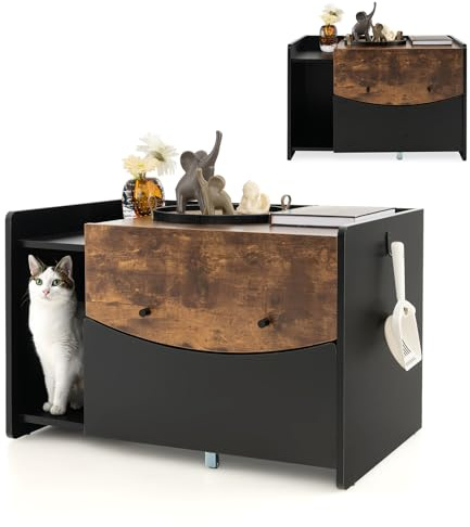 GOPLUS Caja de Arena para Gatos con Cajón Extraíble, Muebles de Baño Oculto con Puerta Abatible, Ruedas, Casa Interior, Gabinete Lateral de Madera para Mascotas