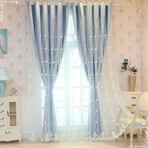Homxi Vorhang Thermo Blickdicht 2er Set,2 x 107W x 214H cm,Blickdichte Gardinen Kinderzimmer Blau Doppellagig mit Blumenstickerei Vorhang Schlafzimmer mit Ösen