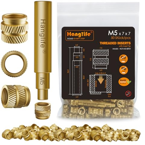 HANGLIFE M5 Heat-Set Threaded Inserts with Insert Tip, Heat Set Insert for 3D Printing Components and Plastic Parts with Soldering Iron Press Tool - Brass Metric Knurled Nuts (50 Pieces)