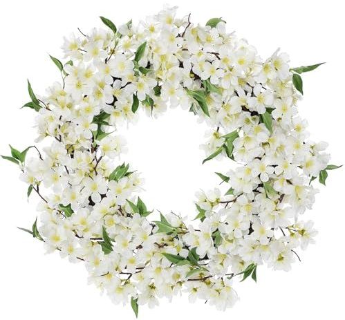 Hollyone 20inch/51cm Artificial Cherry Blossom Wreath for Front Door, Spring Floral Wreath White Fake Flower Decorations for Mantle, Window, Wall, Farmhouse