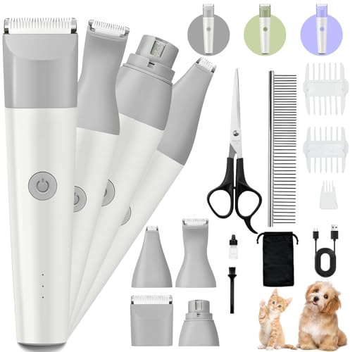 Muaket 4 en 1 Silencioso Maquinilla de Perros, Set de Maquinilla para Gatos Recargable, Cortapelos Gatos con 2 Velocidades para Recortar el Pelo de las Patas, Ojos, Orejas, la Cara y la Grupa, Gris
