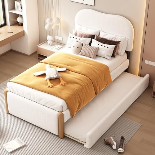 Zravenna Polsterbett 90x200 mit Ausziehbar Bett, Bett Kopfteil Gepolstert, Jugendbett mit Lattenrost, Minimalistische Stil, Plush, Weiß