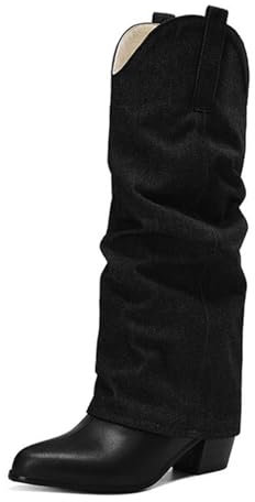 GZHMMAN Stivali Alti Fino al Ginocchio da Donna Punta Affilata Tacchi Alti Tacchi Spessi Stivali Lunghi Stivali in Denim Pantaloni per Abbigliamento Casual e da Festa Altezza 9 CM,Black,35