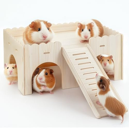Groß Meerschweinchen Haus Mit Rampe: Meerschweinchen Spielzeug Zubehoer - Meerschweinchen Versteck Aus Holz für Kleine Haustiere Zwerghamster Rennmäuse Degus Stachelmäuse (Wood)