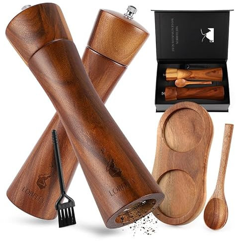 LORELEY® MITTELRHEIN Germany Salz- & Pfeffermühle aus Holz mit Keramikmahlwerk – inkl. Untersetzer & Pinsel – Gewürzmühle in Geschenkbox – Geschenk zur Hochzeit | Einweihung (Luxury Dunkles Holz)