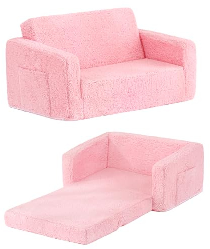 YOTATING Children’s Soft Foam Sofa Chair, Lightweight Kids Seating with Fold-Flat Design, Double Seat Cushioned Sofa for Bedroom & Living Area, Pink