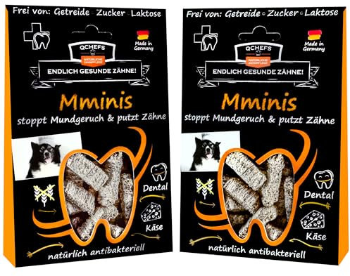 Qchefs 2er Pack MMINIS Zahnpflege-Snack für kleine Hunde bei Mundgeruch & Leckerlis zum Plaque & Zahnstein entfernen mit natürlich antibakterieller Zahnreinigung ohne Dentalspray oder Zahnbürste