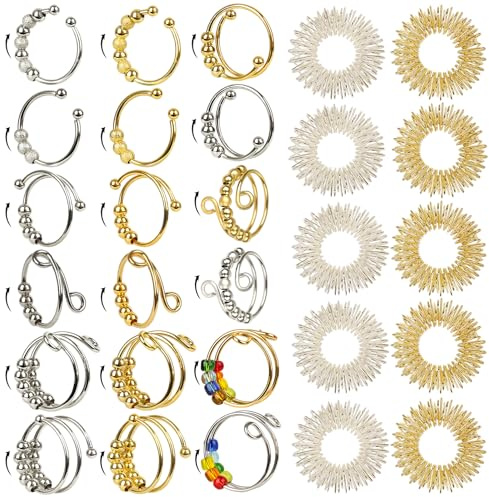 18 Pièces Bague Anti Stress Femme Acier Inoxydable, Bague Reglable Femme avec 10 Anneaux D'Acupression, Bague Ajustable Femmes pour Le Quotidien, Les Voyages, Le Travail, Les Voyages D'Affaires