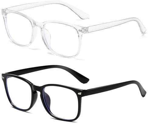 KRENIE Blue Light Blocking Glasses for Women Men – 2 Pack Anti Glare Computer Eyewear – Clear Lens Reading Glasses for Eye Strain Relief – Lightweight Black and Transparent Frame